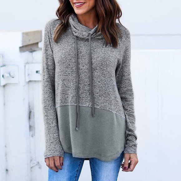 Cowl Neck Mixed Texture Knit Sweater Top Grey - Picture 3 of 4